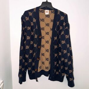 Dandy Del Mar Men's Navy & Tan Patterned Button Sweater - Size L.